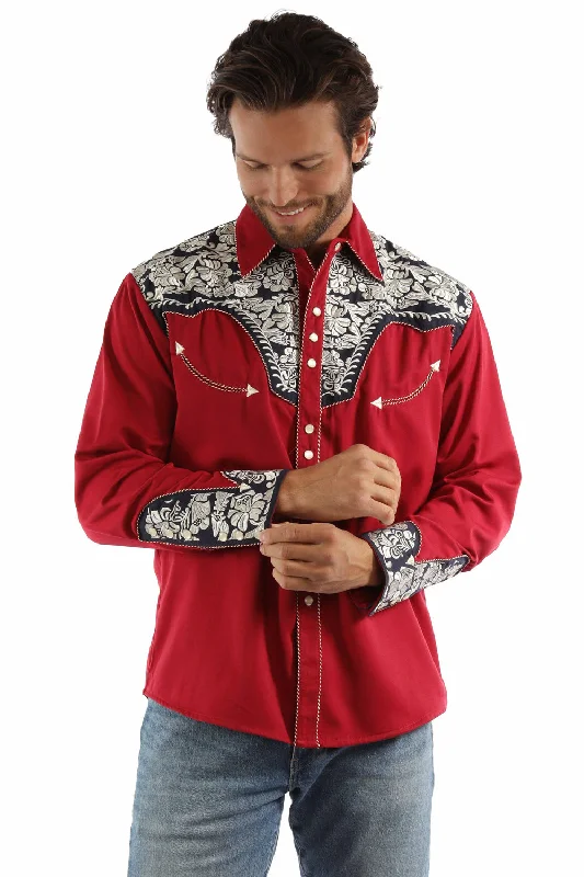 Men’s iconic denim top-Scully Mens Floral Tooled Red/White/Blue Poly/Rayon L/S Shirt 3X