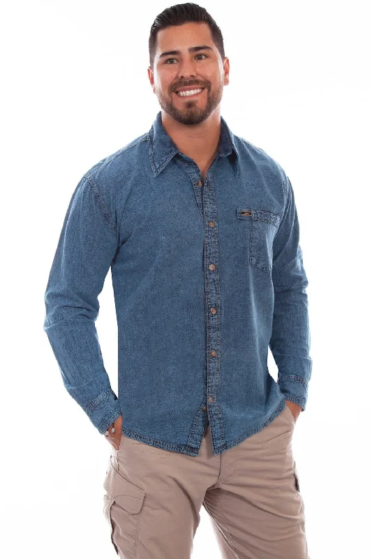 Men’s rugged chambray shirt-Scully Mens Lt Washed Denim 100% Cotton Trail Walk L/S Shirt