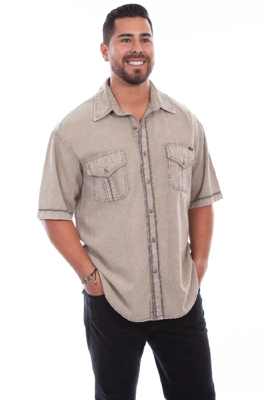 Men’s ventilated linen top-Scully Mens Stone 100% Cotton Voyager S/S Shirt