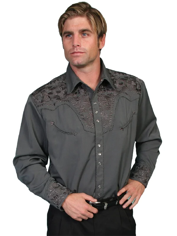 Men’s sharp checkered shirt-Scully Western Mens Charcoal Polyester L/S Big Tooled Floral Western Shirt