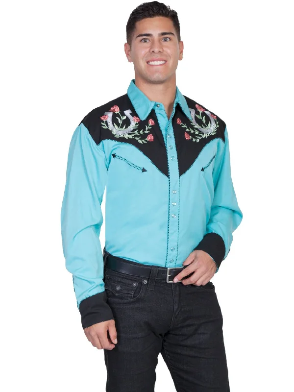 Men’s refined Oxford top-Scully Western Mens Turquoise Polyester L/S Big Horseshoe Western Shirt