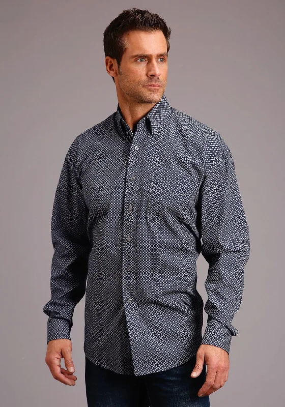 Men’s ventilated dress shirt-Stetson Mens Blue 100% Cotton Diamond Mini BD L/S 1 Pkt Shirt