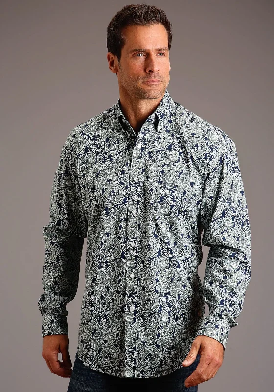 Men’s clean checkered shirt-Stetson Mens Blue 100% Cotton Greenspring Paisley BD L/S Shirt