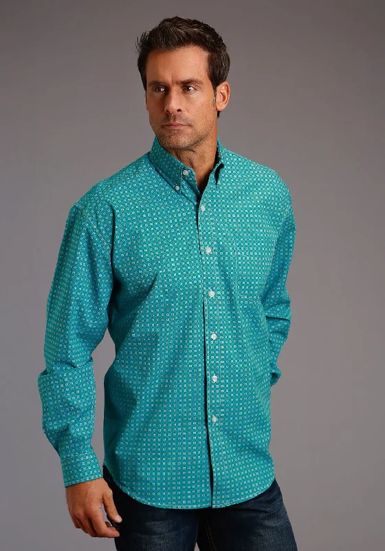 Men’s rugged chambray shirt-Stetson Mens Blue 100% Cotton Ringer Geo BD L/S 1 Pkt Shirt