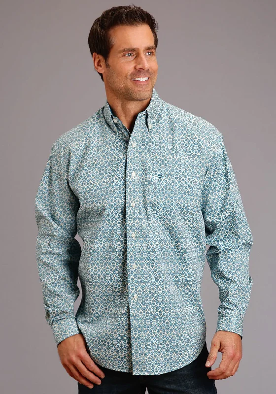 Men’s pure dress top-Stetson Mens Blue 100% Cotton Vintage Pattern BD L/S 1 Pkt Shirt