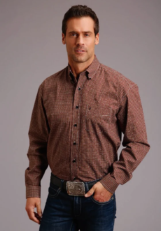 Men’s clean checkered shirt-Stetson Mens Red 100% Cotton Dot Dash Geo BD L/S 1 Pkt Shirt