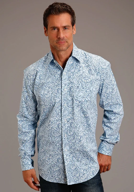 Men’s toasty flannel top-Stetson Mens Tooling Paisley Blue 100% Cotton 1 Pkt L/S Shirt