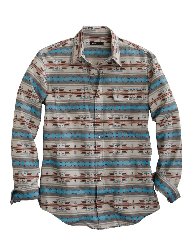 Men’s baggy casual top-Tin Haul Mens Brown/Blue 100% Cotton Sand Painting L/S Shirt