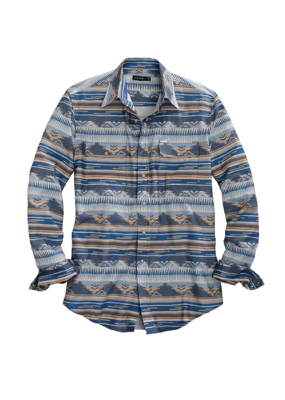 Men’s suave casual top-Tin Haul Mens Brown Multi 100% Cotton L/S Serape Aztec Shirt